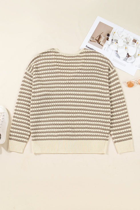 Striped V Neck Drop Shoulder Knit Pullover Sweater