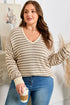 Striped V Neck Drop Shoulder Knit Pullover Sweater