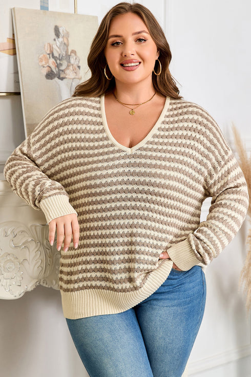 Striped V Neck Drop Shoulder Knit Pullover Sweater