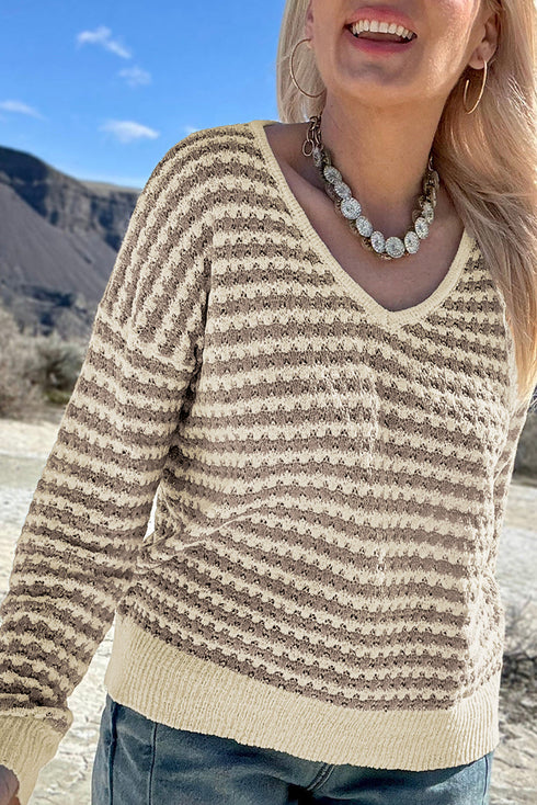 Striped V Neck Drop Shoulder Knit Pullover Sweater