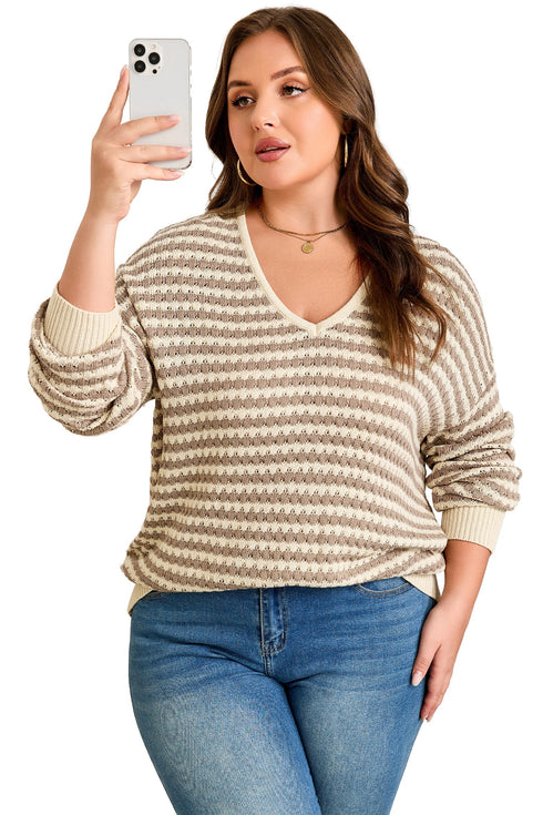 Striped V Neck Drop Shoulder Knit Pullover Sweater