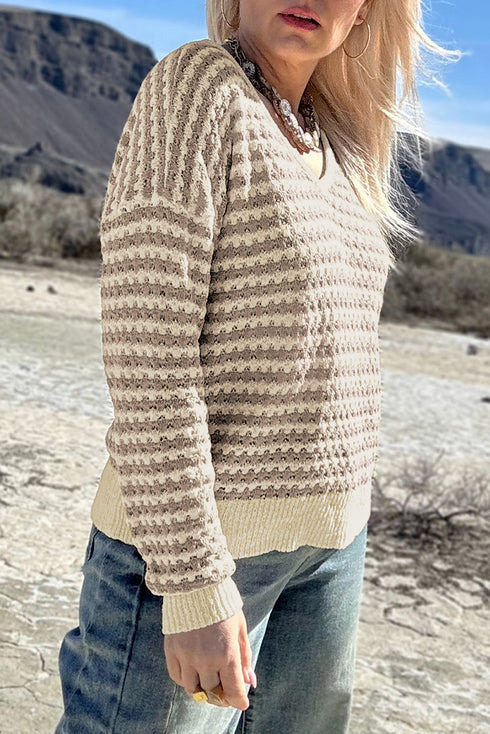 Striped V Neck Drop Shoulder Relaxed Knit Sweater