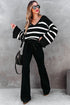 Striped V Neck Hooded Split Cuff Pullover Sweater