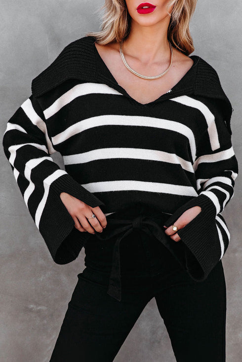 Striped V Neck Hooded Split Cuff Pullover Sweater