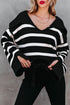 Striped V Neck Hooded Split Cuff Pullover Sweater
