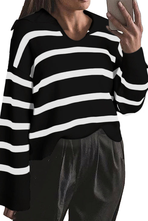 Striped V Neck Hooded Split Cuff Pullover Sweater
