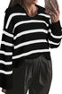 Striped V Neck Hooded Split Cuff Pullover Sweater