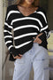 Striped V Neck Hooded Split Cuff Pullover Sweater