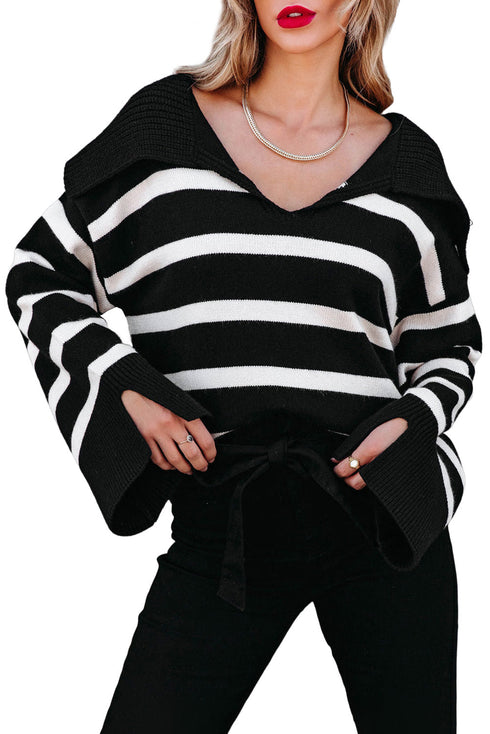 Striped V Neck Hooded Split Cuff Pullover Sweater