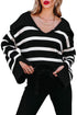 Striped V Neck Hooded Split Cuff Pullover Sweater