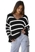Striped V Neck Hooded Split Cuff Pullover Sweater
