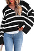 Striped V Neck Hooded Split Cuff Pullover Sweater