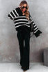 Striped V Neck Hooded Split Cuff Pullover Sweater