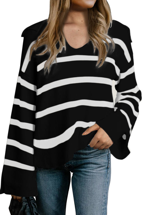 Striped V Neck Hooded Split Cuff Pullover Sweater