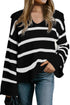 Striped V Neck Hooded Split Cuff Pullover Sweater