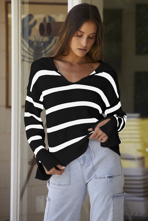 Striped V Neck Hooded Split Cuff Pullover Sweater