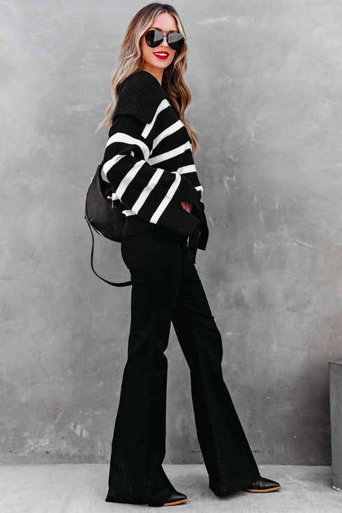 Striped V Neck Hooded Split Cuff Pullover Sweater