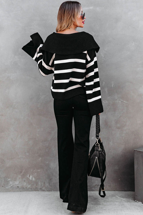 Striped V Neck Hooded Split Cuff Pullover Sweater