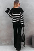 Striped V Neck Hooded Split Cuff Pullover Sweater