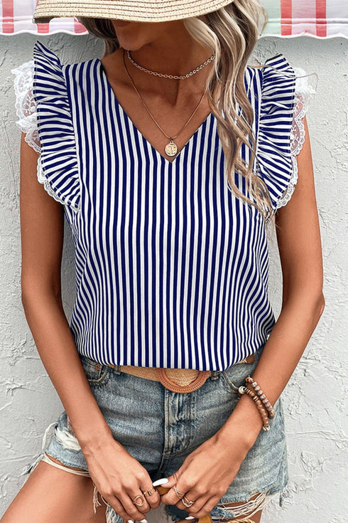 Striped V Neck Lace Contrast Ruffle Trim Tank Top