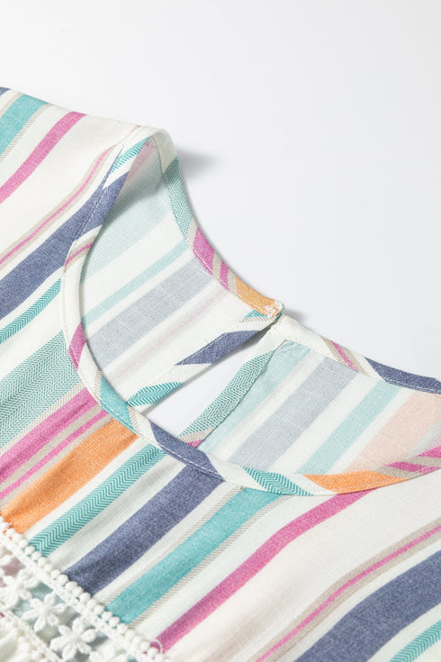 Striped V Neck Lace Insert Flutter Sleeve Blouse