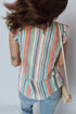Striped V Neck Lace Insert Flutter Sleeve Blouse