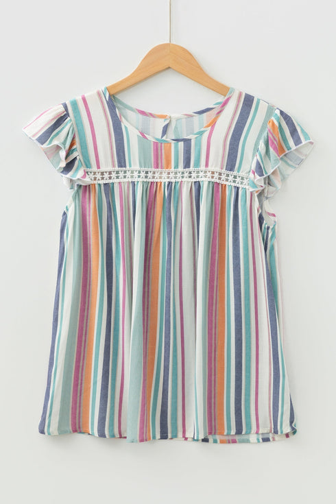Striped V Neck Lace Insert Flutter Sleeve Blouse