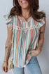 Striped V Neck Lace Insert Flutter Sleeve Blouse