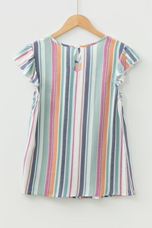 Striped V Neck Lace Insert Flutter Sleeve Blouse