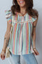 Striped V Neck Lace Insert Flutter Sleeve Blouse