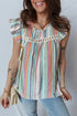 Striped V Neck Lace Insert Flutter Sleeve Blouse