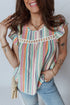 Striped V Neck Lace Insert Flutter Sleeve Blouse