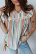 Striped V Neck Lace Insert Flutter Sleeve Blouse