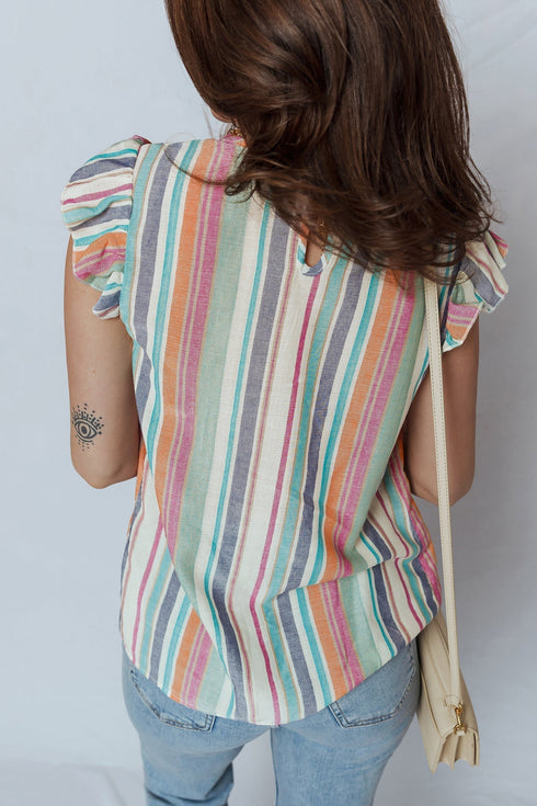 Striped V Neck Lace Insert Flutter Sleeve Blouse