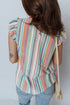 Striped V Neck Lace Insert Flutter Sleeve Blouse