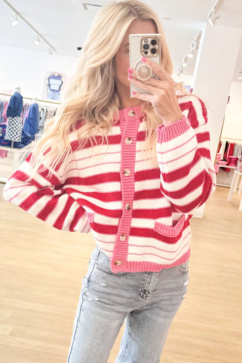 Striped V Neck Long Sleeve Regular Fit Cardigan