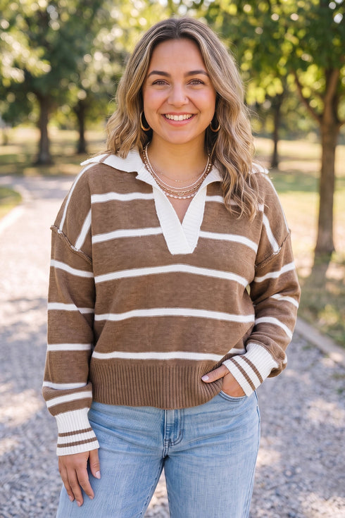 Striped V Neck Long Sleeve Retro Inspired Sweater