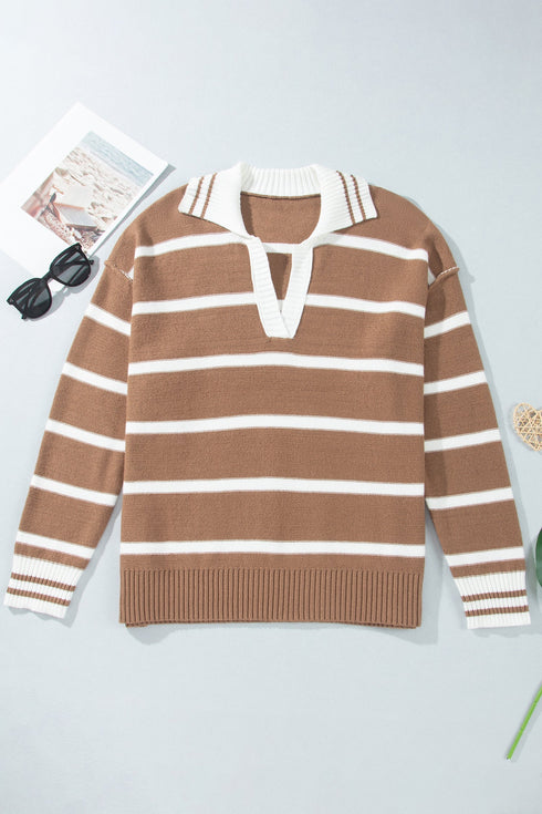Striped V Neck Long Sleeve Retro Inspired Sweater