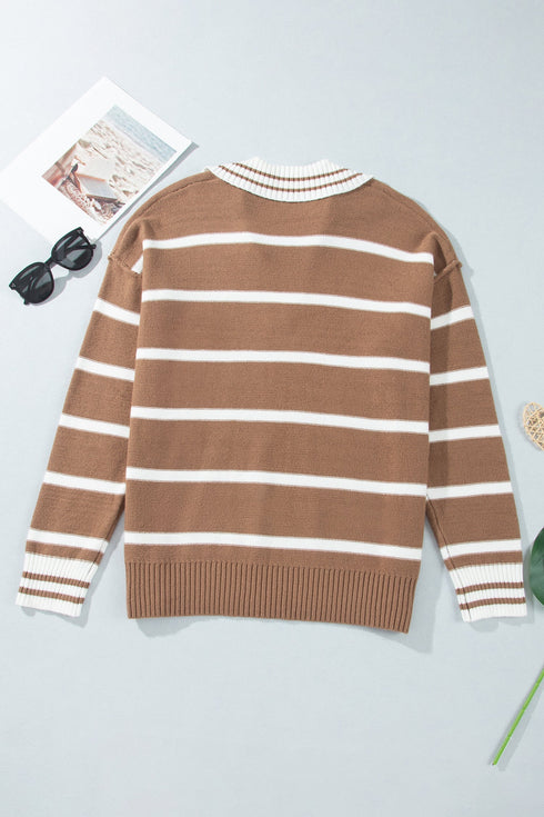 Striped V Neck Long Sleeve Retro Inspired Sweater