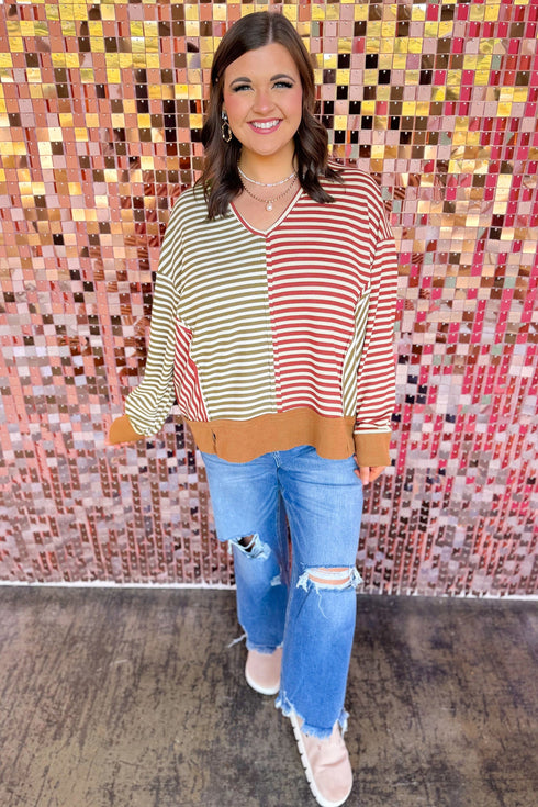 Striped V Neck Oversized Long Sleeve Top