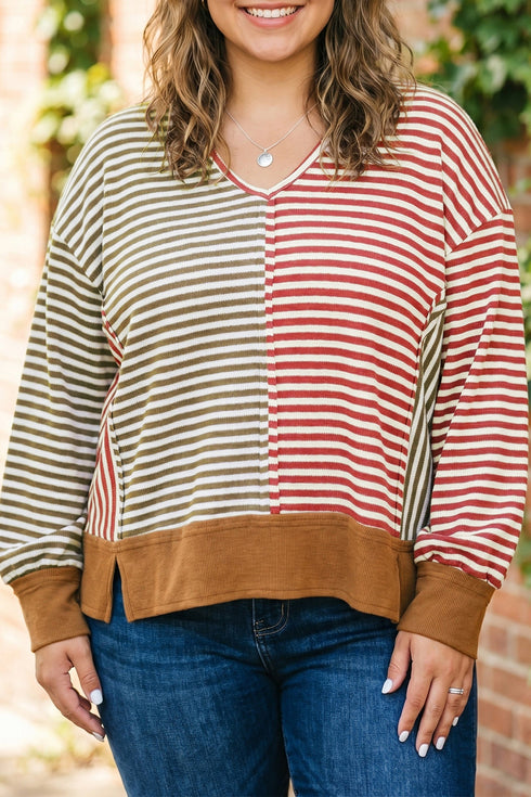 Striped V Neck Oversized Long Sleeve Top