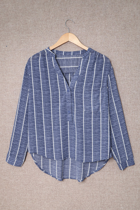 Striped V Neck Pocket Long Sleeve Top