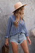 Striped V Neck Pocket Long Sleeve Top
