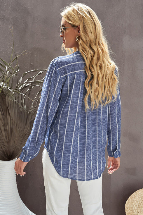 Striped V Neck Pocket Long Sleeve Top