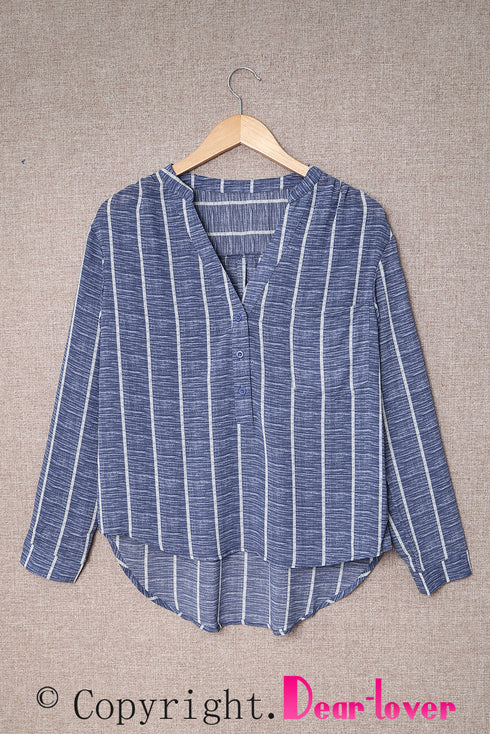 Striped V Neck Pocket Long Sleeve Top