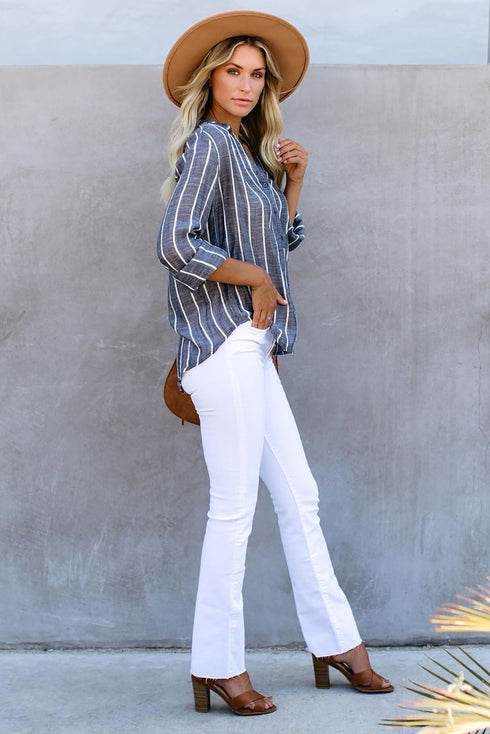 Striped V Neck Pocket Long Sleeve Top