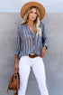 Striped V Neck Pocket Long Sleeve Top