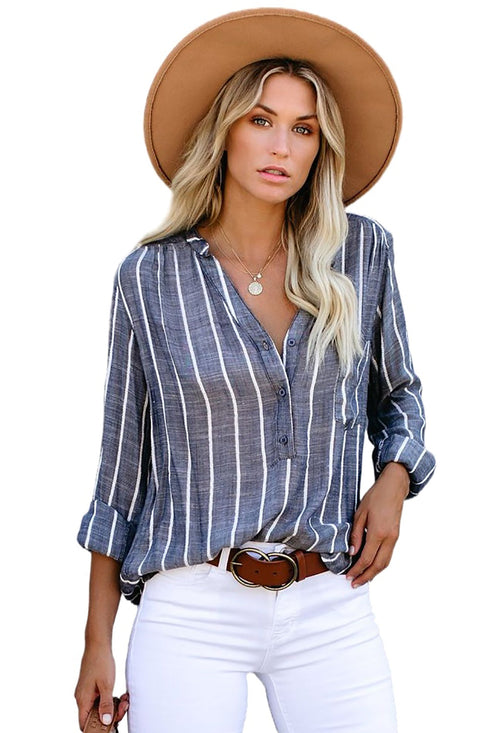 Striped V Neck Pocket Long Sleeve Top