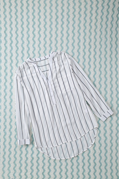 Striped V Neck Pocket Long Sleeve Top