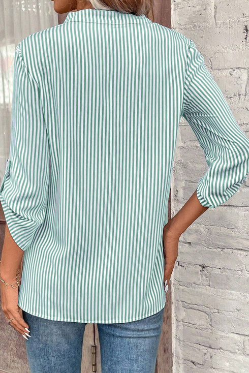 Striped V Neck Roll Tab Sleeve Pocket Shirt
